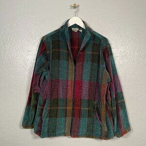 Chicos Women 3 L Blue Red Orange Plaid Chenille Woven Jacket Zip Front Pockets